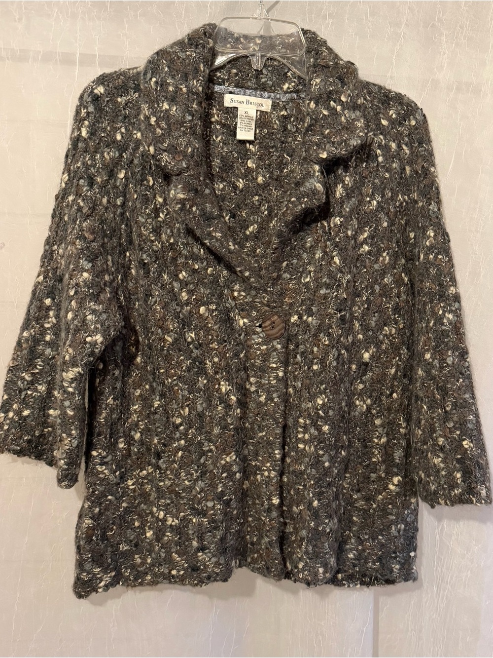 Susan Bristol Women's Gray Tweed Cardigan Button Front Wool/Alpaca Blend 3/4 XL